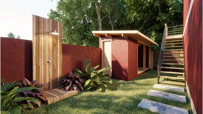 Área externa da Vila da Concha com jardim e vegetação