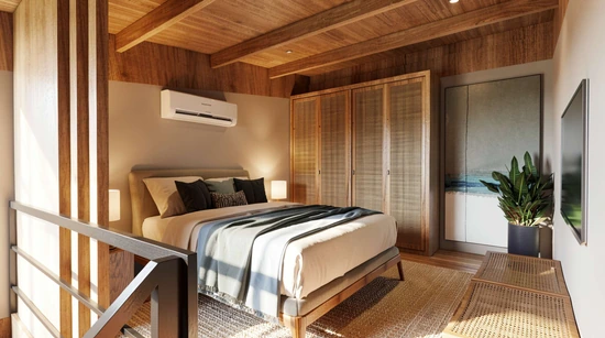 Quarto interno do Studio Superior com cama king e teto em madeira