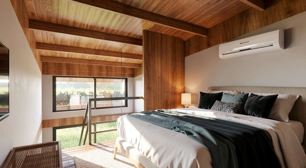 Quarto do Studio Superior com cama king e grande janela com vista aberta